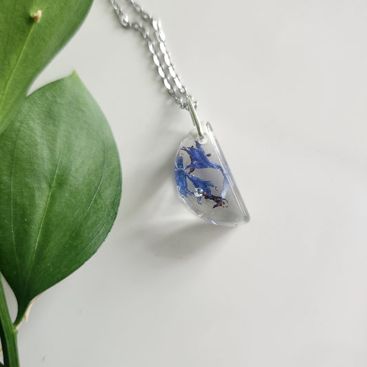 Preserved Floral Necklace - Blue Bachelor Button Half Moon