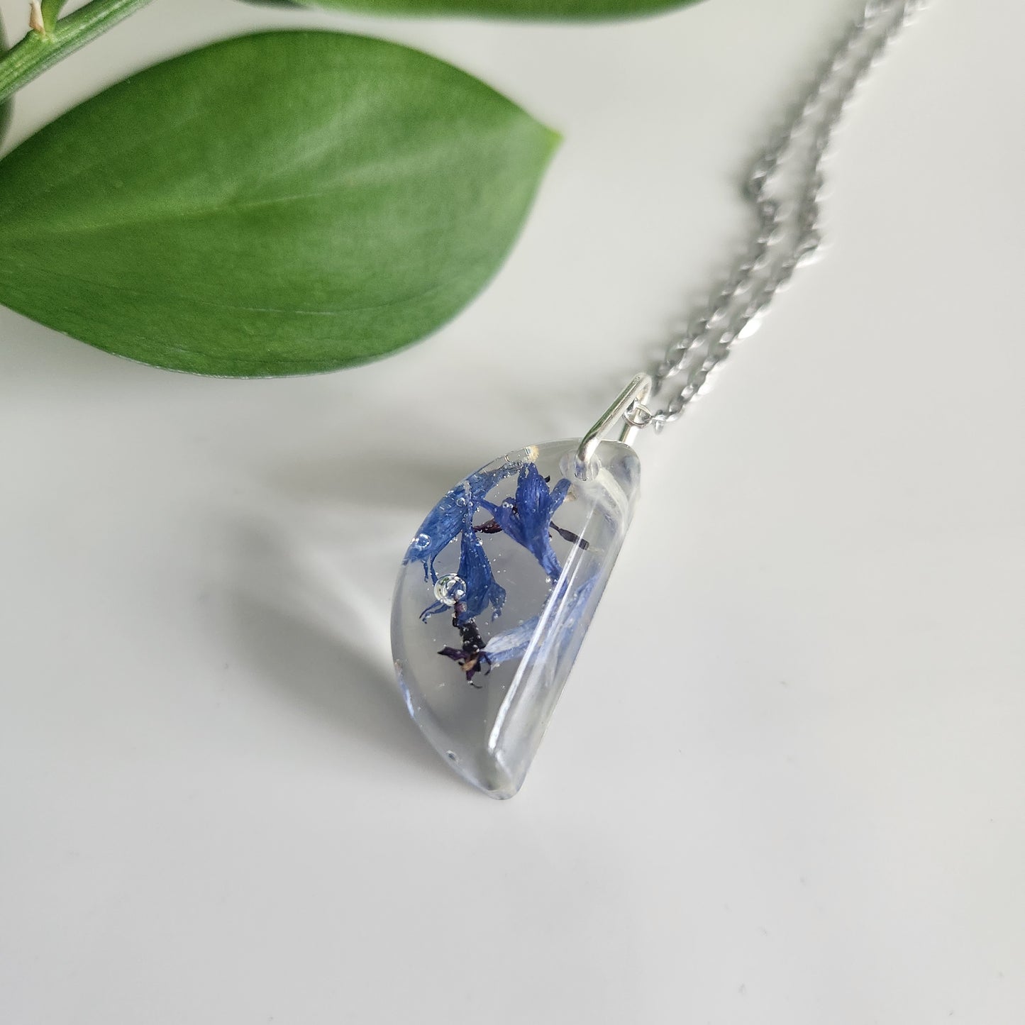 Preserved Floral Necklace - Blue Bachelor Button Half Moon