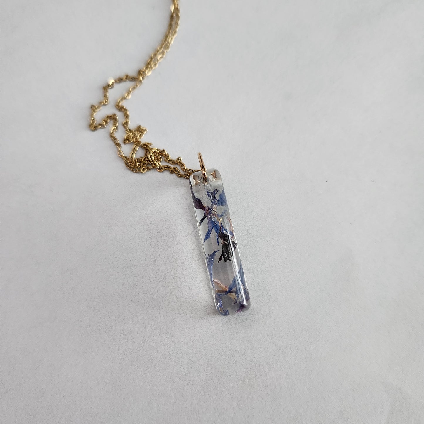 Floral Preserved Necklace - Skinny Rectangle Bachelor Buttons