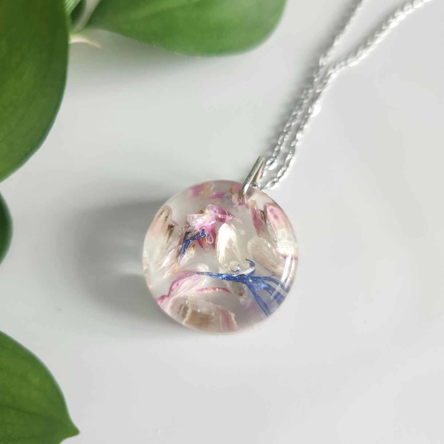 Preserved Floral Necklace - Pink and Blue Bachelor Buttons
