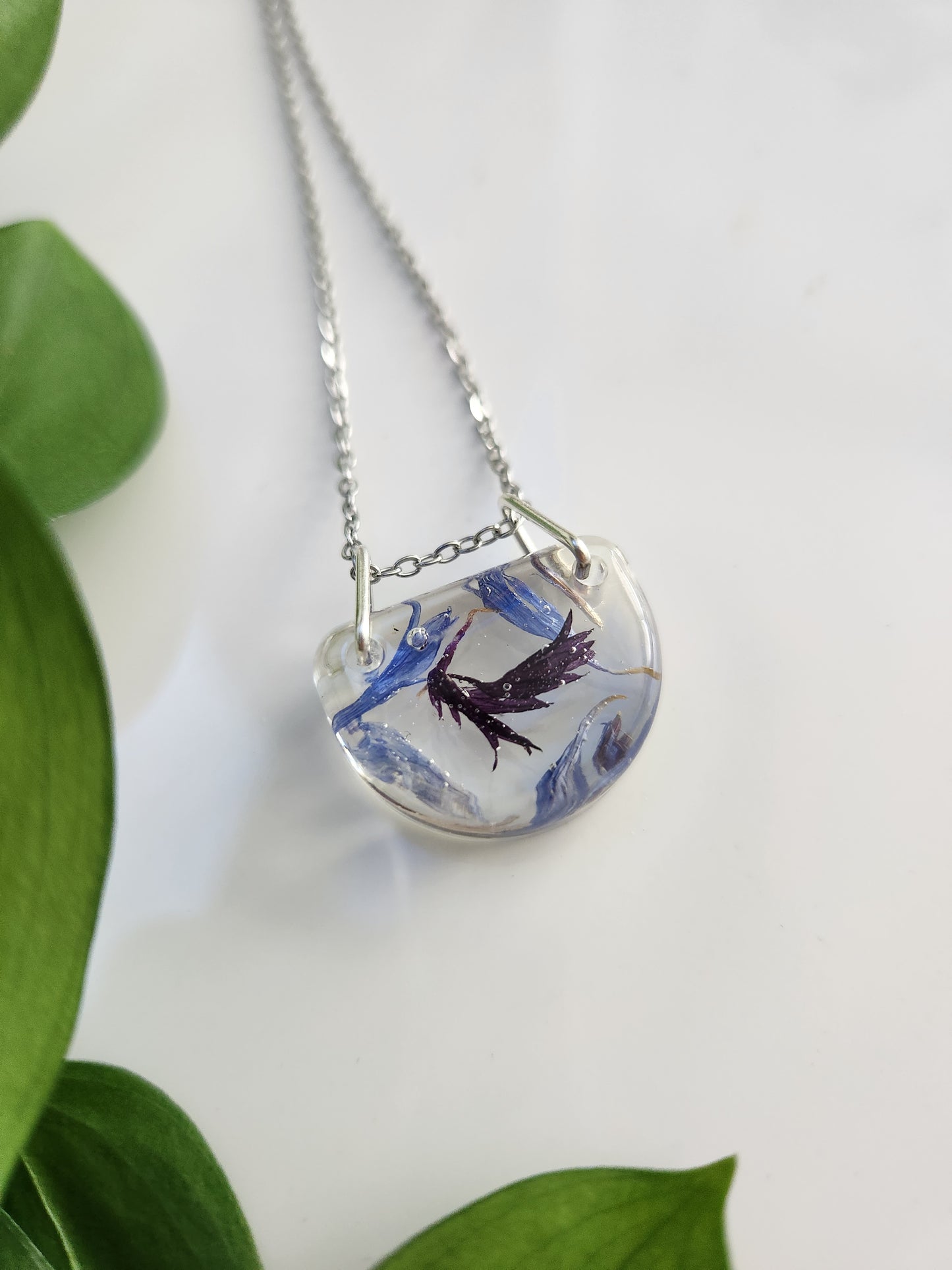 Preserved Floral Necklace - Half Circle Bachelor Buttons