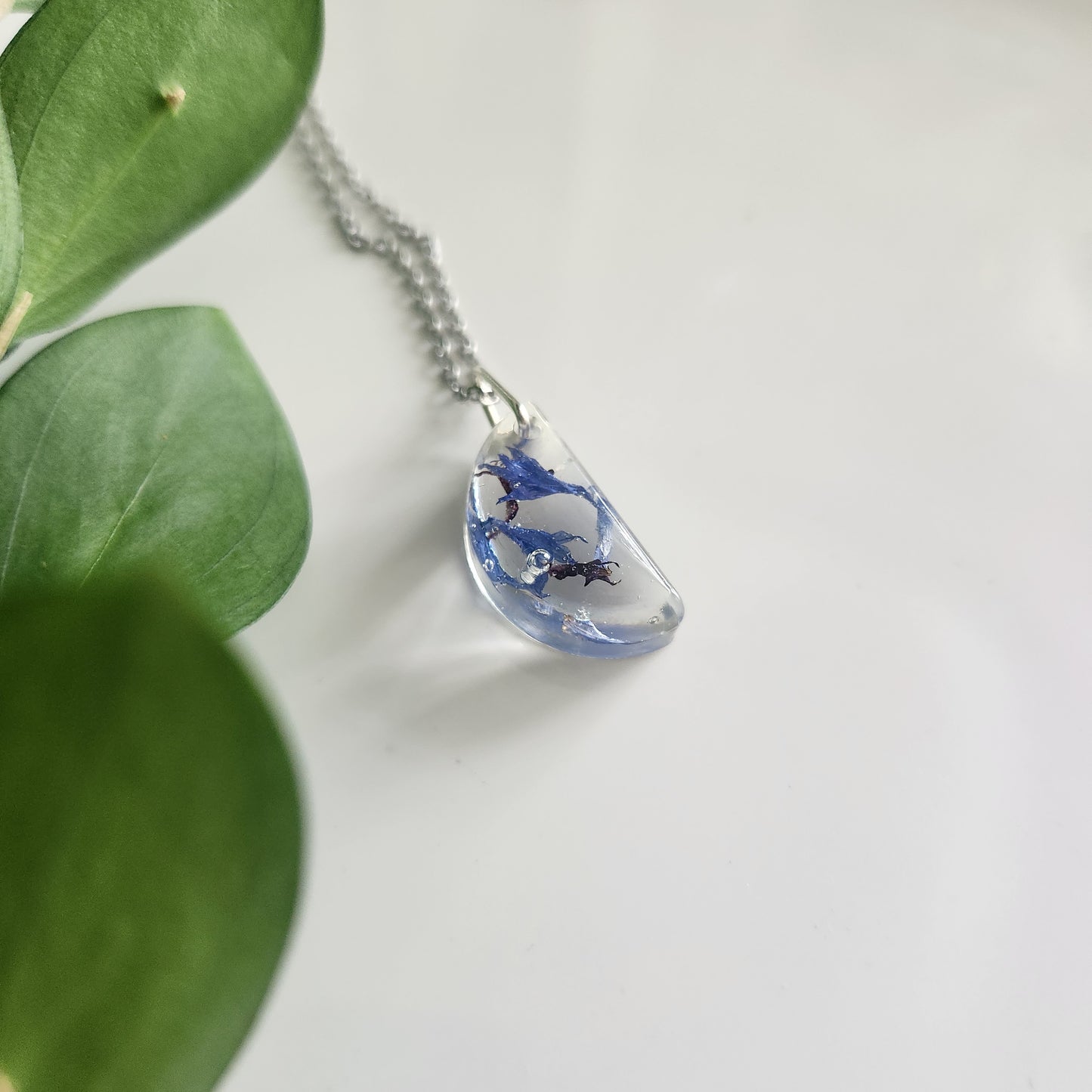 Preserved Floral Necklace - Blue Bachelor Button Half Moon