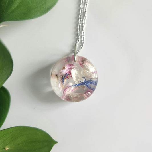 Preserved Floral Necklace - Pink and Blue Bachelor Buttons