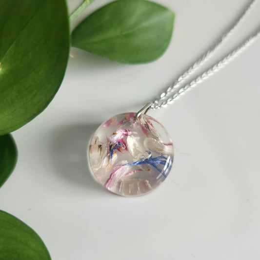 Preserved Floral Necklace - Pink and Blue Bachelor Buttons
