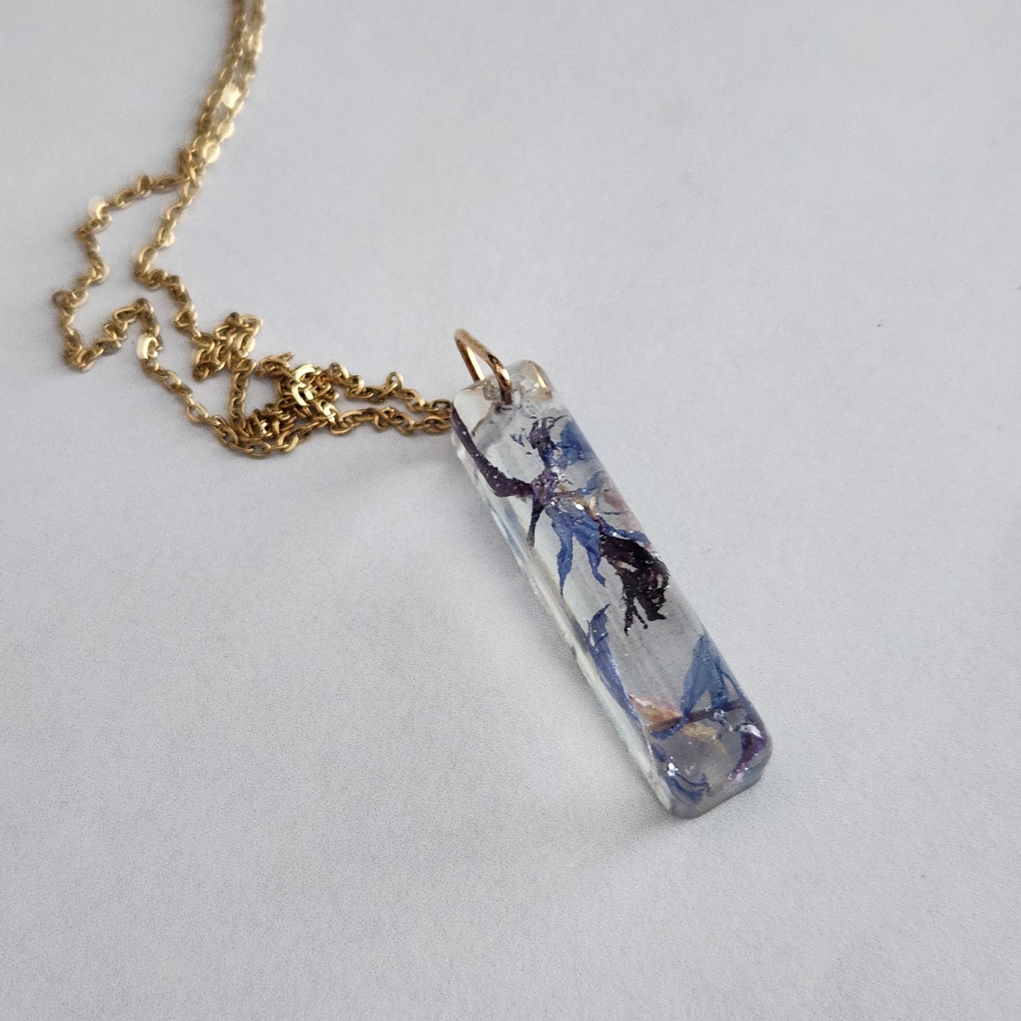 Floral Preserved Necklace - Skinny Rectangle Bachelor Buttons