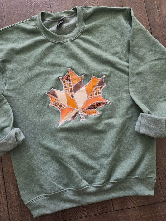 Small • Maple Leaf Patchwork Crewneck • Heather Sport Dark Green