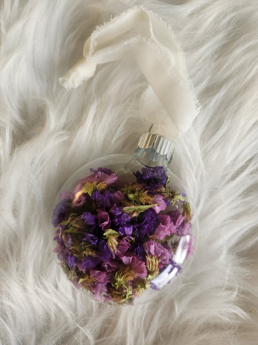 3.5” Glass Disc Ornament - Pink & Purple Statice