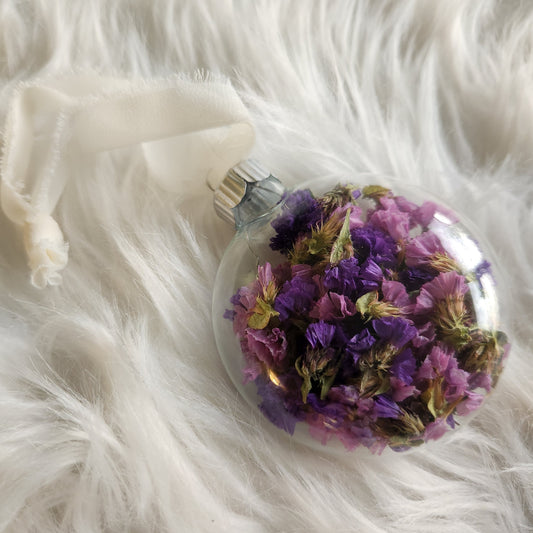 3.5” Glass Disc Ornament - Pink & Purple Statice