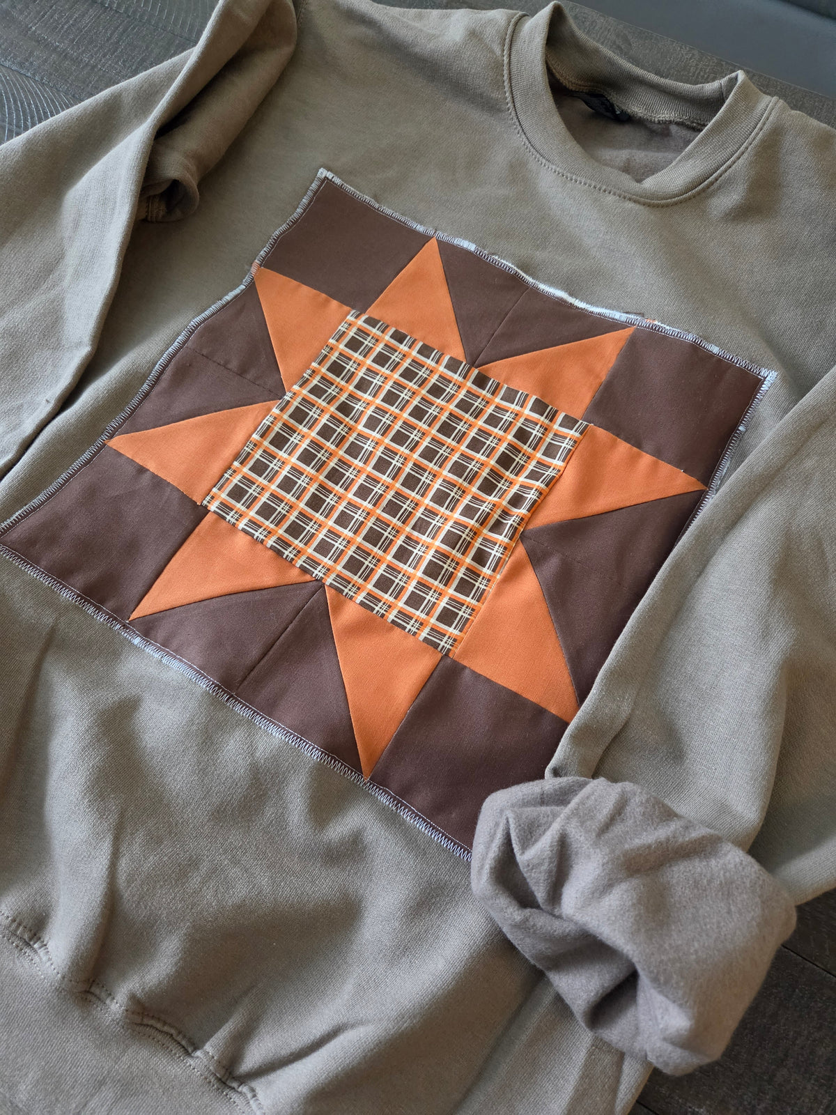 Small • Orange & Dark Brown Plaid Patchwork Crewneck • Brown Savana