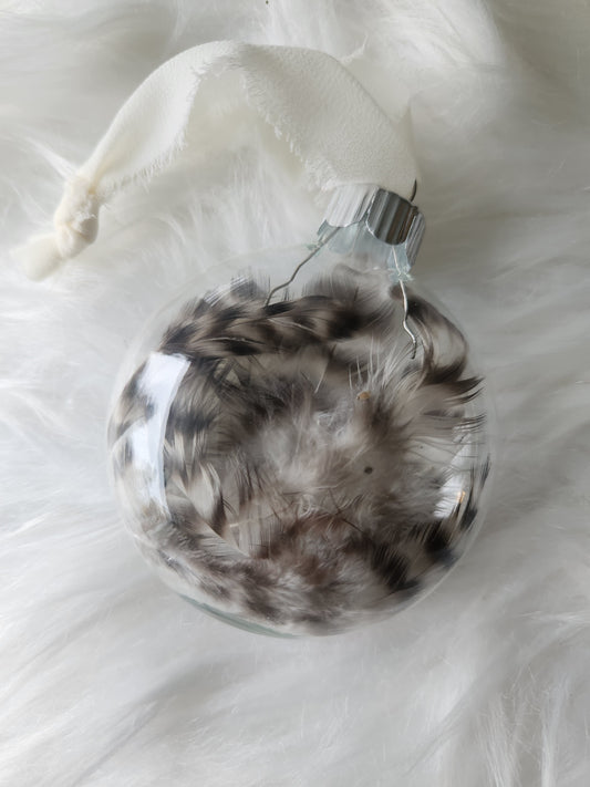 3.5” Glass Disc Ornament - Barred Rock Chicken Feathers