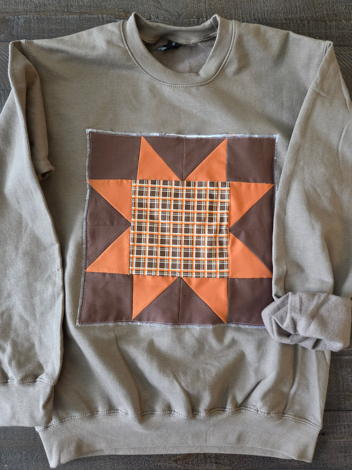 Small • Orange & Dark Brown Plaid Patchwork Crewneck • Brown Savana