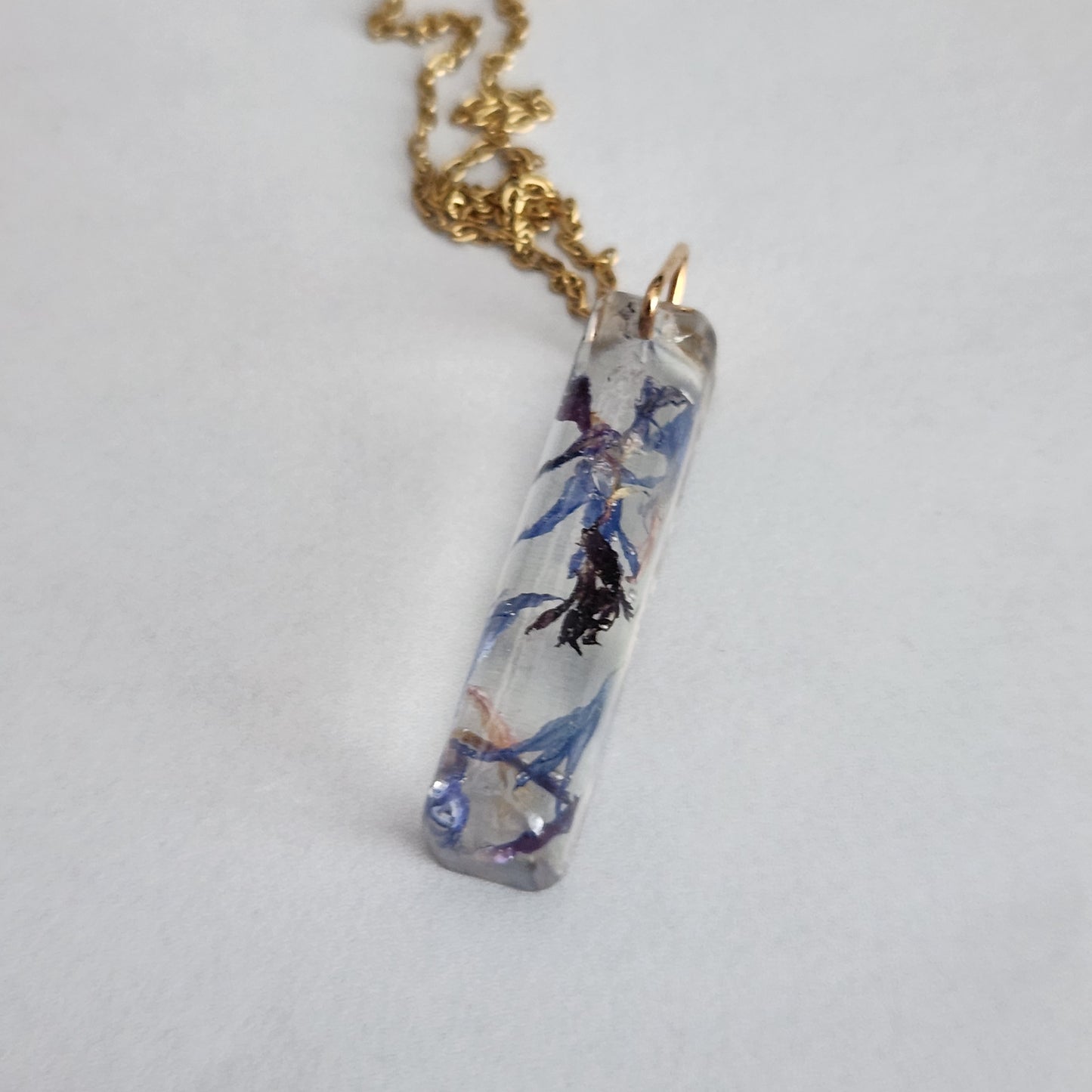 Floral Preserved Necklace - Skinny Rectangle Bachelor Buttons