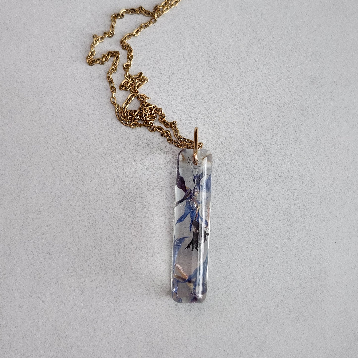 Floral Preserved Necklace - Skinny Rectangle Bachelor Buttons