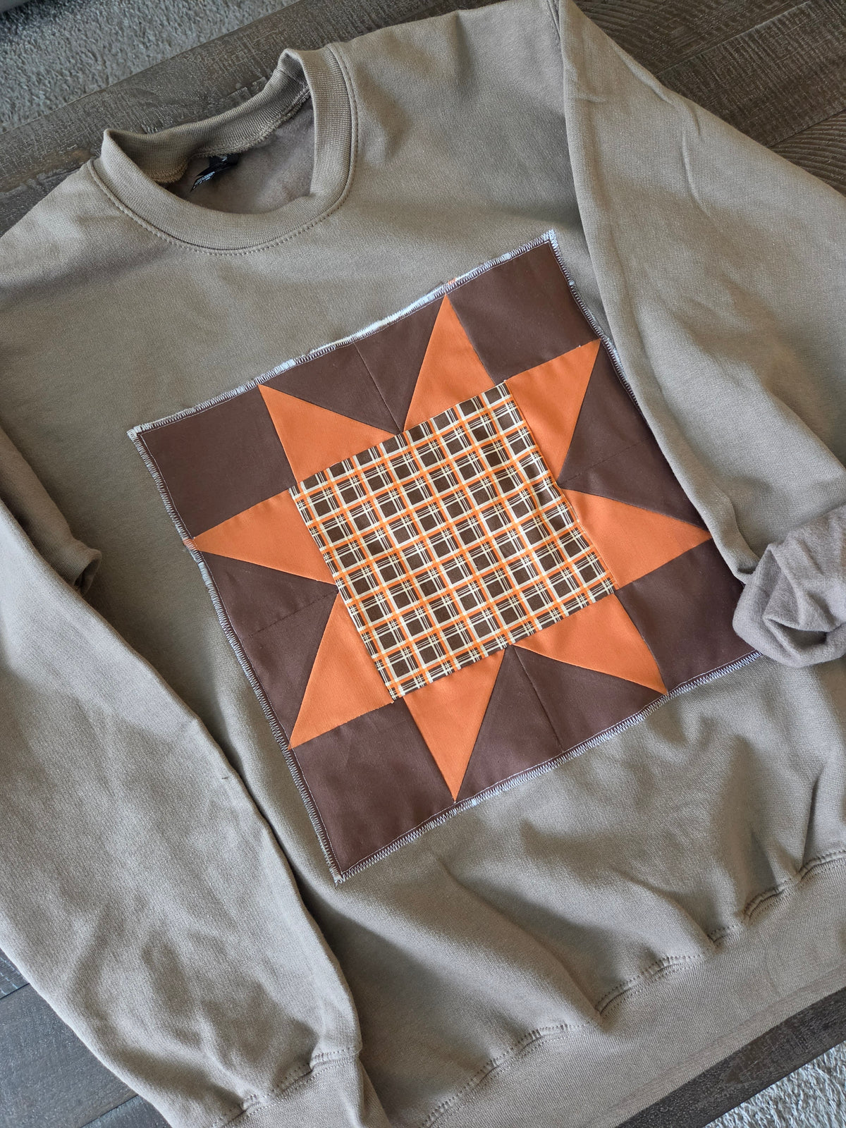 Small • Orange & Dark Brown Plaid Patchwork Crewneck • Brown Savana