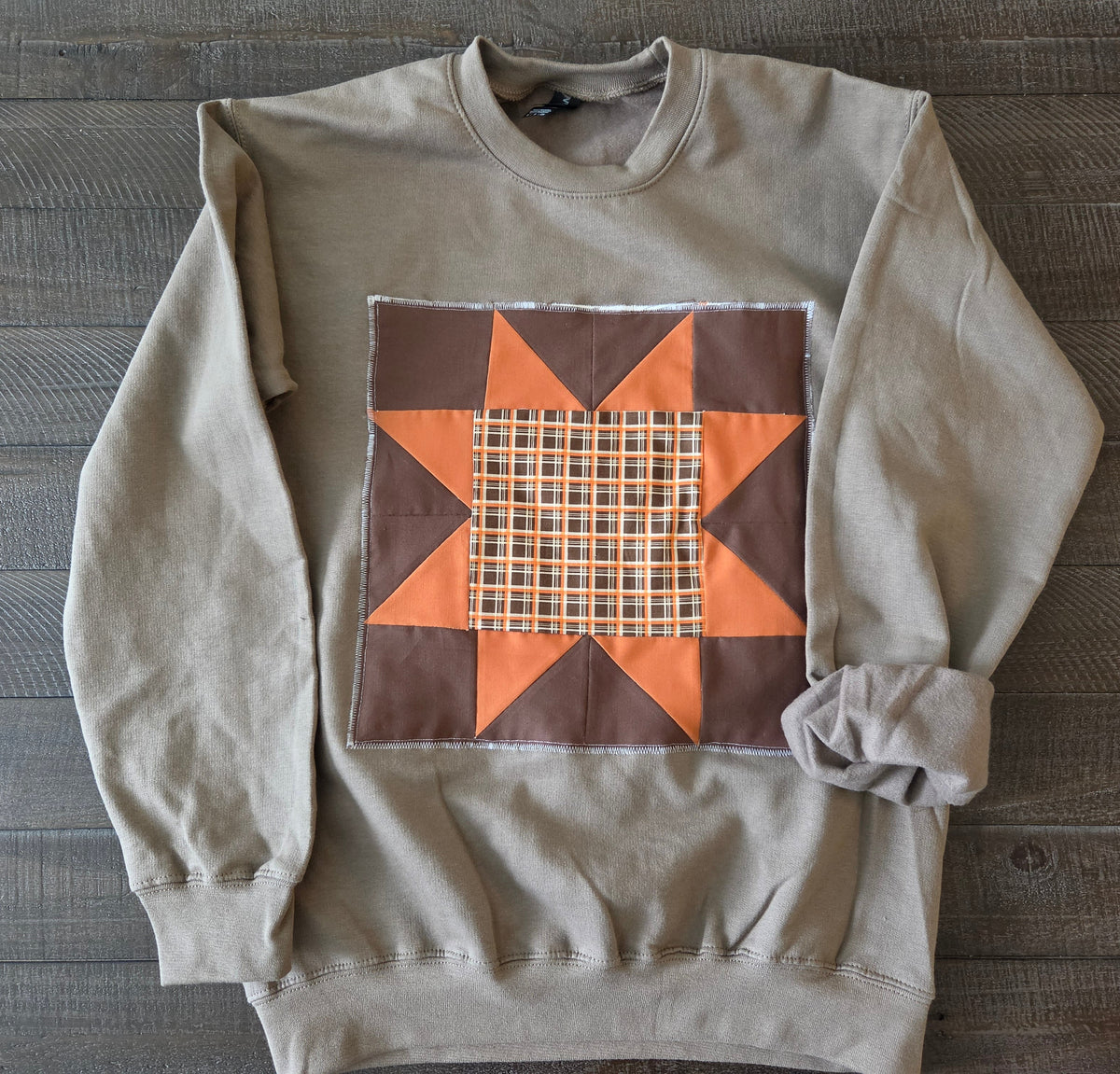 Small • Orange & Dark Brown Plaid Patchwork Crewneck • Brown Savana